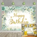 Eucalyptus leaf Happy Birthday backdrop with gold glitter for elegant party decor - SBJ-005 / 95x75cm