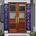 Neon style 16th birthday party door banners hanging on a wooden front porch door - Blue Brick Neon Sweet 16 Style (SDL-003) / 30x180cm
