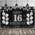 Fond de photographie noir et argent pour 16e anniversaire avec ballons et paillettes. - Style 16e Anniversaire Noir et Argent (SBJ-006) / 95x75cm