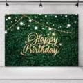 Green foliage birthday photography backdrop with glitter golden Happy Birthday text - 95x75cm