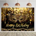 Schwarzer und goldener Geburtstags-Fotohintergrund mit Masken- und Perlendesign Dekor - Schwarz Gold Maskenball Maske Stil (SBJ-001) / 95x75cm
