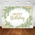 Eucalyptus leaf photography backdrop with gold glitter Happy Birthday text design - SBJ-006 / 95x75cm