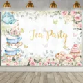 Süßer floraler Foto-Hintergrund für Tee-Partys mit Teetassen, Rosen und Cupcakes - Teeparty-Thema Stil (SBJ-007)