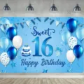 Fond de photographie pour 16e anniversaire bleu avec ballons et motif de gâteau - Style Gâteau Ballon Bleu Ciel (SBJ-007) / 95x75cm
