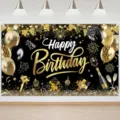 Sfondo fotografico di compleanno nero e oro elegante con palloncini e motivi regalo - Stile Palloncino con Fuochi d'Artificio e Champagne (DABJB086) / 95x75cm