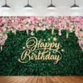 Green leaves and floral birthday backdrop with gold glitter Happy Birthday text design. - Green Foliage Pink White Floral Birthday Style (SBJ-006) / 95x75cm