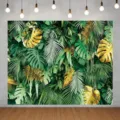 Tropical rainforest palm leaf photography backdrop with green and gold monstera leaves - Tropical Rainforest Style (SBJ-005) / 95x75cm