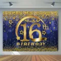 Toile de fond photo 16e anniversaire bleue avec étoiles pailletées or et lettrage fête - Style Étoile d'Or Bleu Foncé (SBJ-008) / 95x75cm