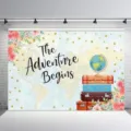 The Adventure Begins travel backdrop with world map and suitcase graphics - 95x75cm