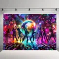 Fond de studio photo thème disco rétro avec silhouettes de danseurs et bokeh coloré - Fête Disco Rétro Colorée (SBJ-008) / 95x75cm
