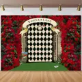 Wonderland-Fotohintergrund mit roten Rosen und magischem Waldtor für Geburtstagsfeiern - Märchenwald (SBJ-001) / 95x75cm