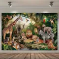 Vibrant tropical rainforest animal photography backdrop for wildlife theme party decoration - Rainforest Animals (SBJ-001) / 95x75cm