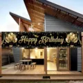 Elegant black and gold Happy Birthday banner for outdoor garden party decoration - Punched With Rope / 50x300cm