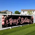 Large black and rose gold Happy Birthday yard banner for outdoor party decoration - 50x300cm / Glitter Pink Theme