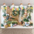 Pasen fotografie achtergrond met konijn, eieren en bloemen voor decoratie - Paasei Konijn Achtergrond(SBJ-003) / 95x75cm