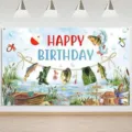 Pancarta de fondo de feliz cumpleaños con tema de pesca vintage para decoración de fiestas - Escena de Cumpleaños con Temática de Pesca (SBJ-003) / 95x75cm