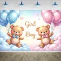 Fotografie achtergrond voor gender reveal in roze en blauw met schattige teddyberen - SBJ-002 / 95x75cm