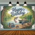 Fondo fotográfico de cumpleaños con tema de pesca retro para decoración de fiestas - Escena de Pesca de Dibujos Animados (SBJ-004) / 95x75cm
