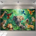 Vibrant tropical rainforest wildlife photography backdrop with lions and elephants - Rainforest Animals (SBJ-003) / 95x75cm