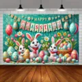 Farbenfroher Osterfotohintergrund mit niedlichen Kaninchen und bunten Eiern Deko - Ostern Cartoon Illustrationsstil (SBJ-004)