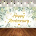 Floral green leaf anniversary backdrop banner with Happy Anniversary gold glitter text for parties - 95x75cm / Green Leaf Anniversary Style (SBJ-003)