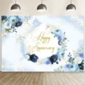 Μπλε λουλουδάτο φόντο Happy Anniversary για γάμους και επαγγελματική φωτογραφία - 95x75cm / SBJ-0010