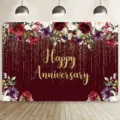 Floral Happy Anniversary photography backdrop banner for wedding and party decoration - 95x75cm / SBJ-004
