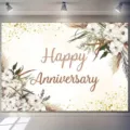 Elegant floral Happy Anniversary photography backdrop featuring green leaves and gold dots decor - 95x75cm / SBJ-001