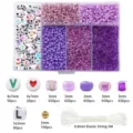 Detailed view of purple glass seed bead kit with alphabet charms and elastic string - 6-Grid Purple Series (1 Box)