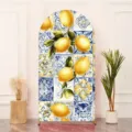 Arched backdrop cover featuring Mediterranean blue tile and fresh lemon print for events - Mediterranean Vintage Lemon (SGX-006) / 120x220cm