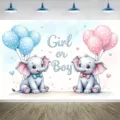 Süßer Gender Reveal Party Fotohintergrund mit Elefanten und rosa blauen Luftballons - Aquarell Cartoon Elefant Ballon Stil (SBJ-008)