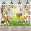 Paasfotografie achtergrond met schattige konijntjes, gekleurde eieren en bloesems - Paashaas en Bloemen (SBJ-005)