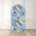 Arched backdrop cover featuring Mediterranean blue tile and yellow lemon floral patterns - Blue Yellow Vintage Tiles (SGX-007) / 120x220cm