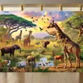 Tropical rainforest animal photography backdrop featuring giraffes and elephants at sunset - Rainforest Animals (SBJ-005)