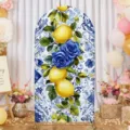Arch backdrop cover with retro blue tile pattern and lemon rose print for parties - Vintage Tile Lemon Blue Rose (SGX-008) / 50X120CM