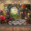 Sfondo fotografico foresta magica fiabesca con rose e pavimento a scacchi per feste - Paese delle Meraviglie da Sogno (SBJ-006)