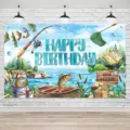 Fondo de fotografía de cumpleaños con temática de pesca y escena de lago. - Tema de Fiesta de Cumpleaños de Pesca Retro (SBJ-007)