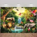 Rainforest animals theme photography backdrop with vibrant wildlife and waterfall scene - Rainforest Animals (SBJ-006)