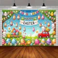 Farbenfroher Oster-Fotohintergrund mit bunten Eiern, Hasen und Happy Easter Text - Ostern Cartoon Illustrationsstil (SBJ-006)