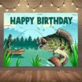 Fondo de cumpleaños temática pesca con ilustración de lubina estilo retro para fiesta - Escena de Pesca Retro Americana (SBJ-008)