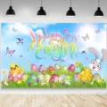 Bunter Oster-Fotohintergrund mit Cartoon-Hase, Eiern und Happy Easter Text für Studio - Osterküken Kaninchen Ei Hintergrund (SBJ-007)