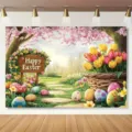 Lebendiger Oster-Fotohintergrund mit Tulpen, bunten Eiern und Happy Easter Schild - Frühlings-Kirschblüte (SBJ-008)