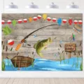 Fondo de fotografía de cumpleaños con tema de pesca de dibujos animados estilo retro - Estilo de Pesca de Perca Vintage (SBJ-009)