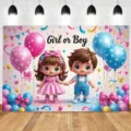 Roze en blauwe gender reveal achtergrond met schattige cartoonkinderen voor feestjes - Gender Reveal Cartoon Kinderstijl (SBJ-009)