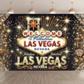 Sfondo per festa a tema Las Vegas con cartello di benvenuto e glitter dorati - Sfondo per festa Las Vegas (SBJ-008)
