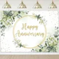Κομψό φόντο επετείου με πράσινα φύλλα και χρυσά ανάγλυφα γράμματα Happy Anniversary για πάρτι - 95x75cm / SBJ-008