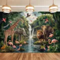 Vivid tropical rainforest wildlife photography backdrop featuring lion elephant and giraffe - Rainforest Animals (SBJ-009)