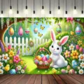 Oster-Fotohintergrund mit süßem Zeichentrickhasen, bunten Eiern und Frühlingsgarten-Szenerie - Frühlingsgarten Hase (SBJ-0010)
