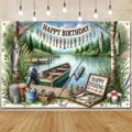 Fondo fotográfico de cumpleaños tema pesca con diseño de lago vintage bote y peces - Escena de Estanque de Pesca Vintage (SBJ-0010)