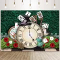 Sfondo fotografico foresta incantata da favola con orologio e carte per decorazioni festa. - Tema Orologio Magico (SBJ-0010)
